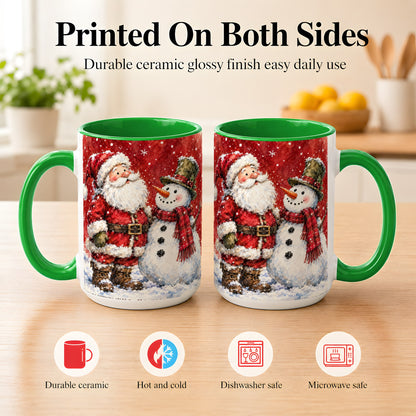 #pl[15oz|Green] Santa Snowman Coffee Mug, Classic Christmas Duo Mug, Ceramic Cup