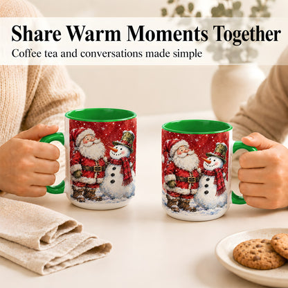 #pl[15oz|Green] Santa Snowman Coffee Mug, Classic Christmas Duo Mug, Ceramic Cup