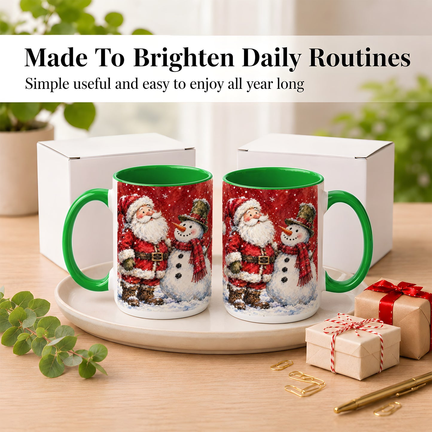 #pl[15oz|Green] Santa Snowman Coffee Mug, Classic Christmas Duo Mug, Ceramic Cup