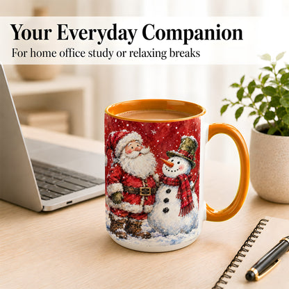 #pl[15oz|Orange] Santa Snowman Coffee Mug, Classic Christmas Duo Mug, Ceramic Cup