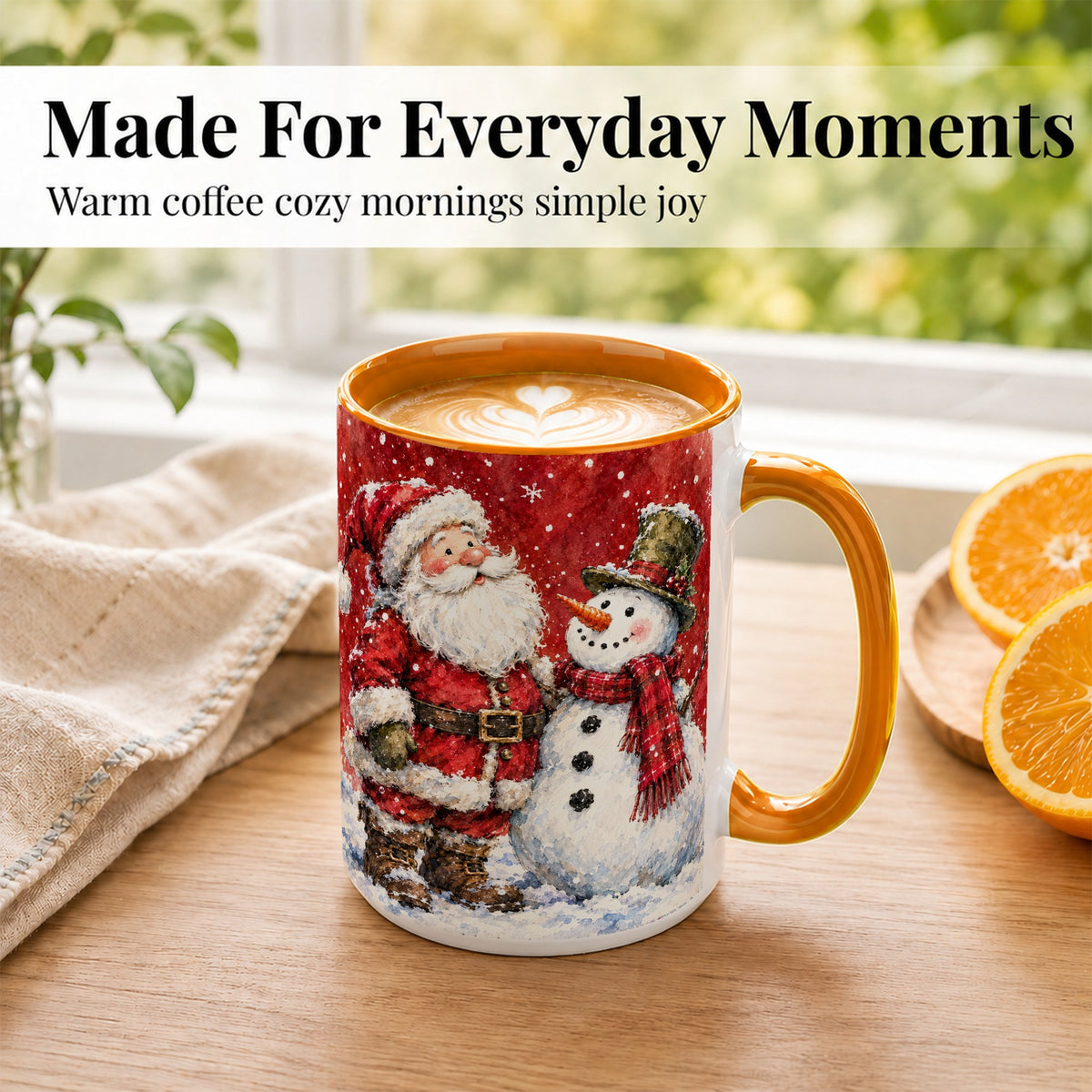 #pl[15oz|Orange] Santa Snowman Coffee Mug, Classic Christmas Duo Mug, Ceramic Cup