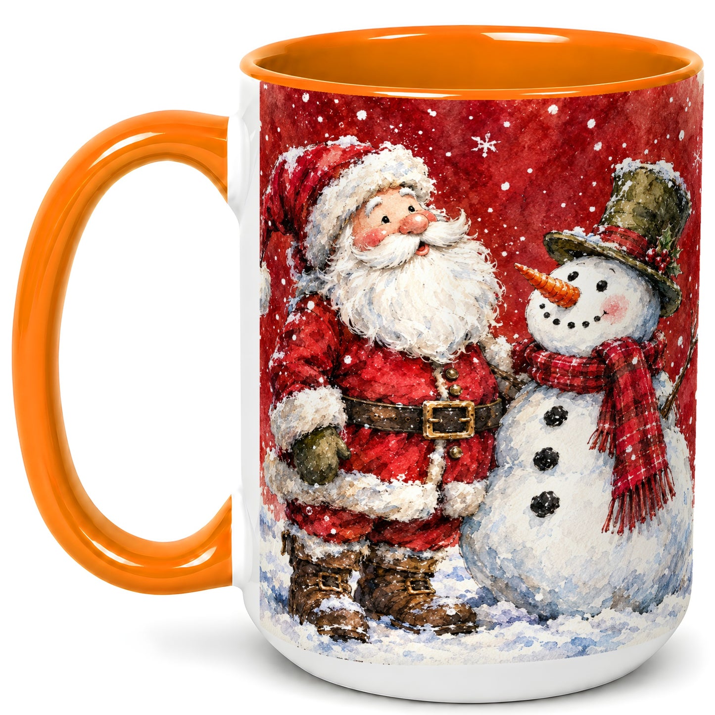 #pl[15oz|Orange] Santa Snowman Coffee Mug, Classic Christmas Duo Mug, Ceramic Cup