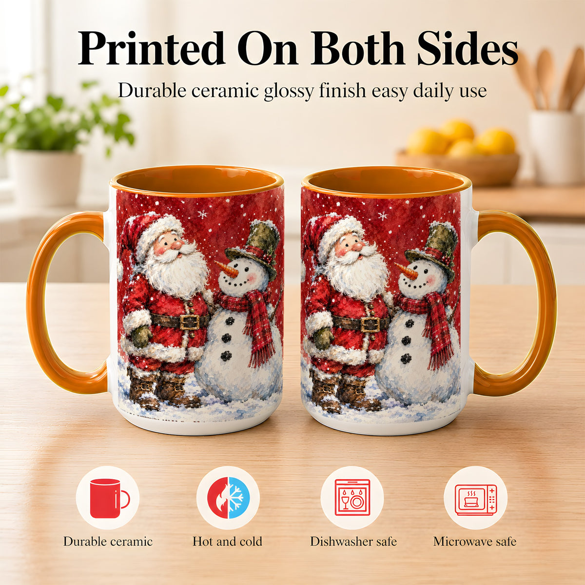 #pl[15oz|Orange] Santa Snowman Coffee Mug, Classic Christmas Duo Mug, Ceramic Cup