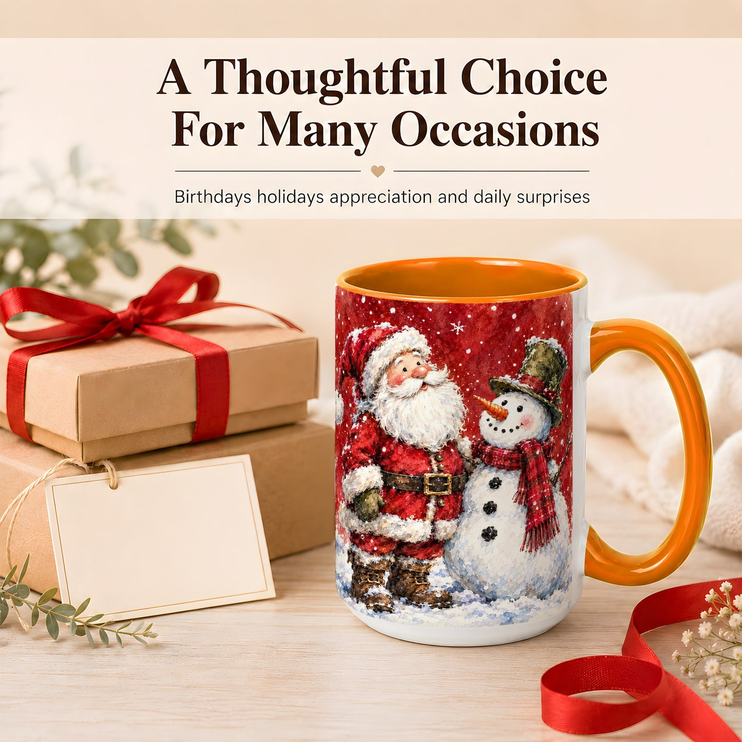 #pl[15oz|Orange] Santa Snowman Coffee Mug, Classic Christmas Duo Mug, Ceramic Cup