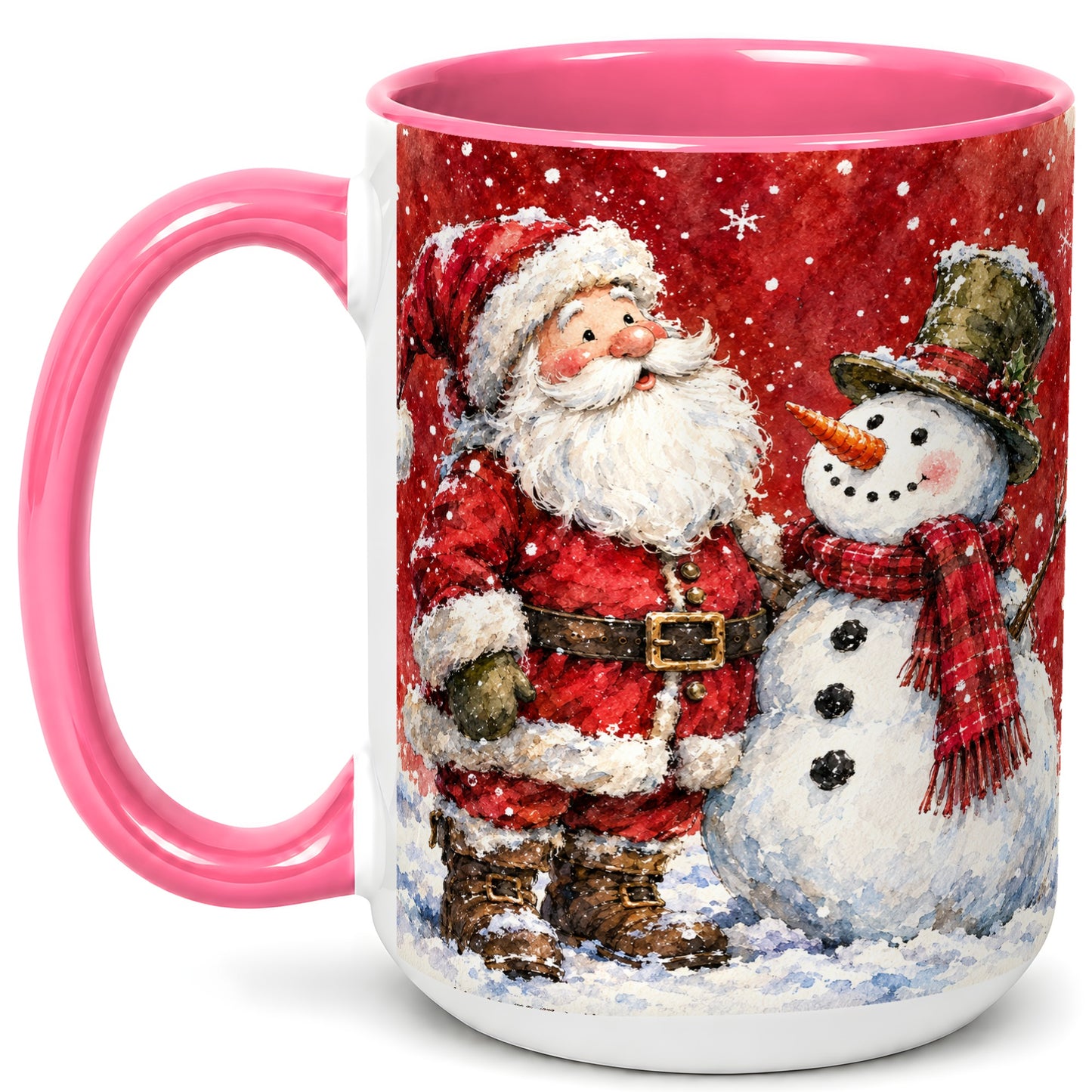 #pl[15oz|Pink] Santa Snowman Coffee Mug, Classic Christmas Duo Mug, Ceramic Cup