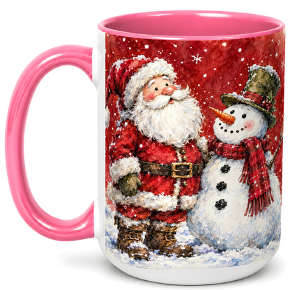 #pl[15oz|Pink] Santa Snowman Coffee Mug, Classic Christmas Duo Mug, Ceramic Cup