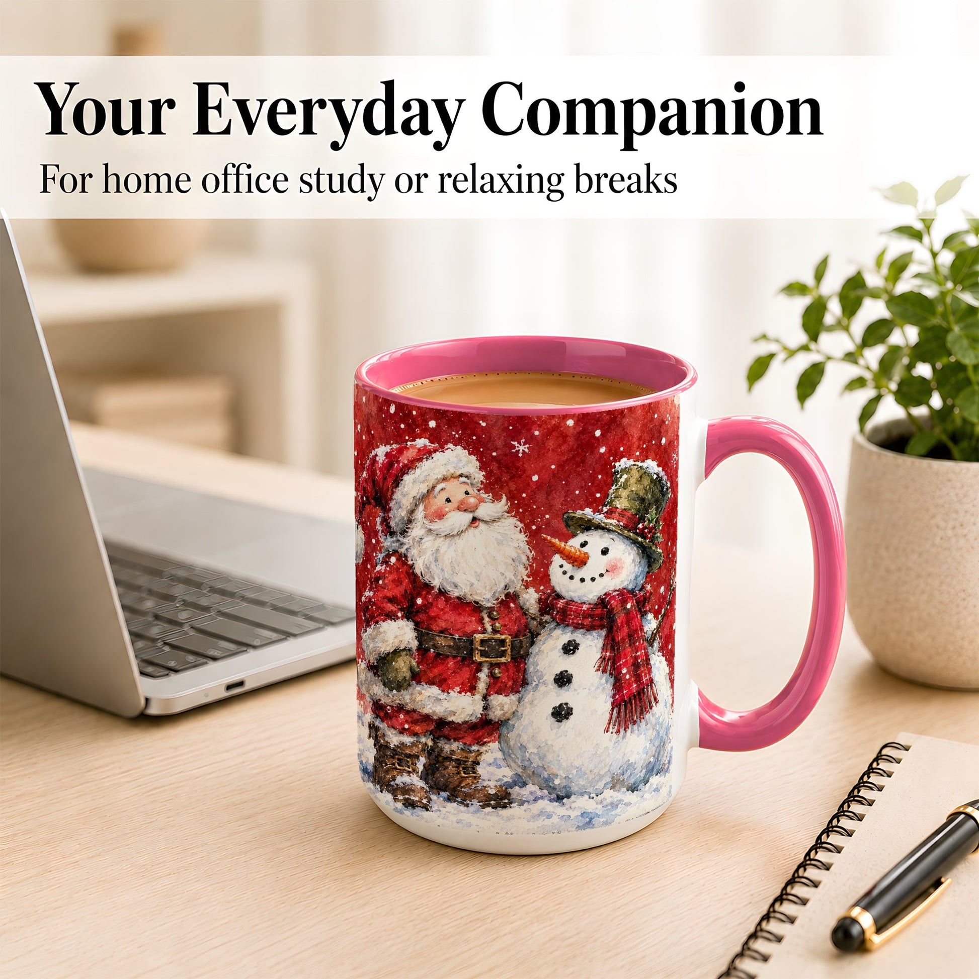 #pl[15oz|Pink] Santa Snowman Coffee Mug, Classic Christmas Duo Mug, Ceramic Cup