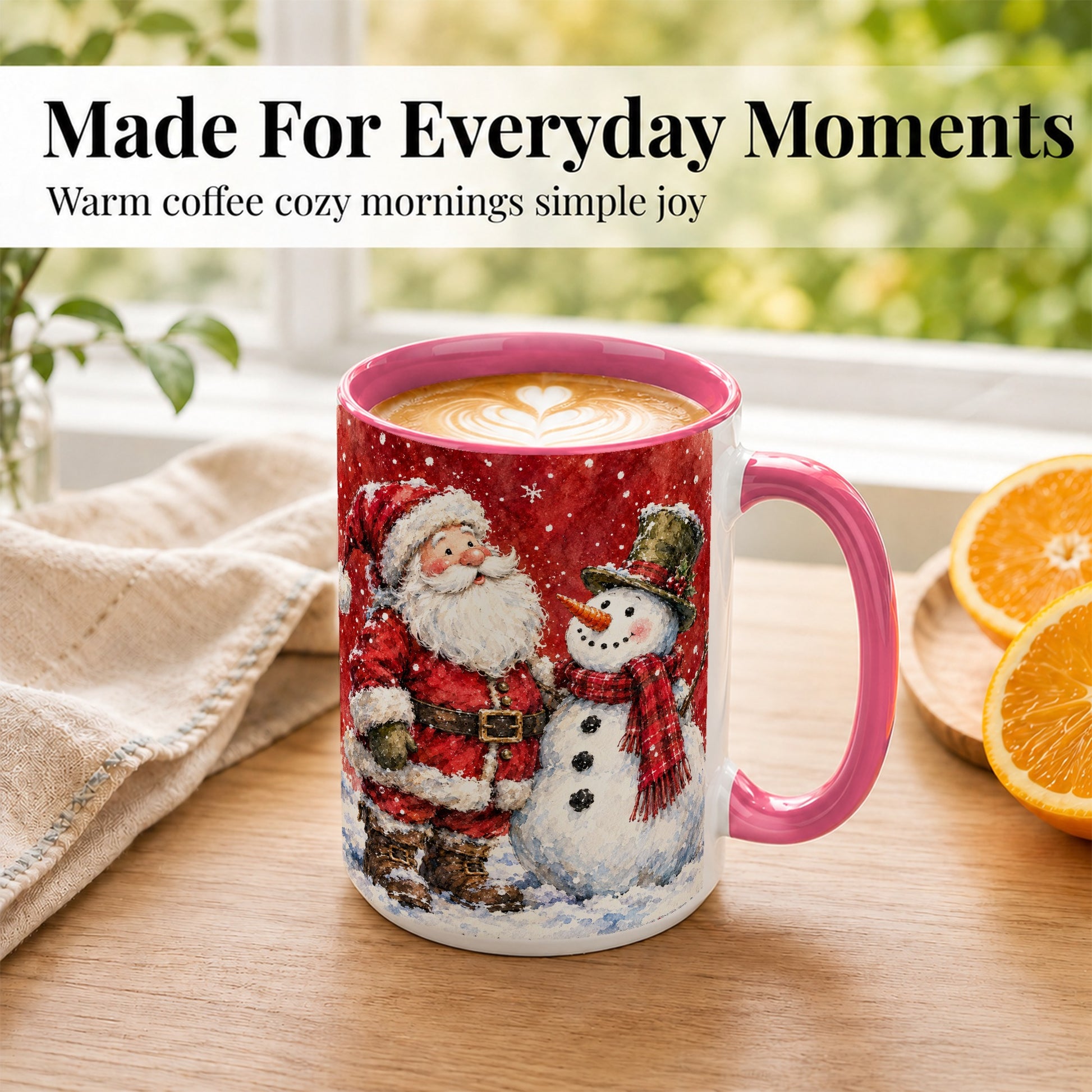 #pl[15oz|Pink] Santa Snowman Coffee Mug, Classic Christmas Duo Mug, Ceramic Cup