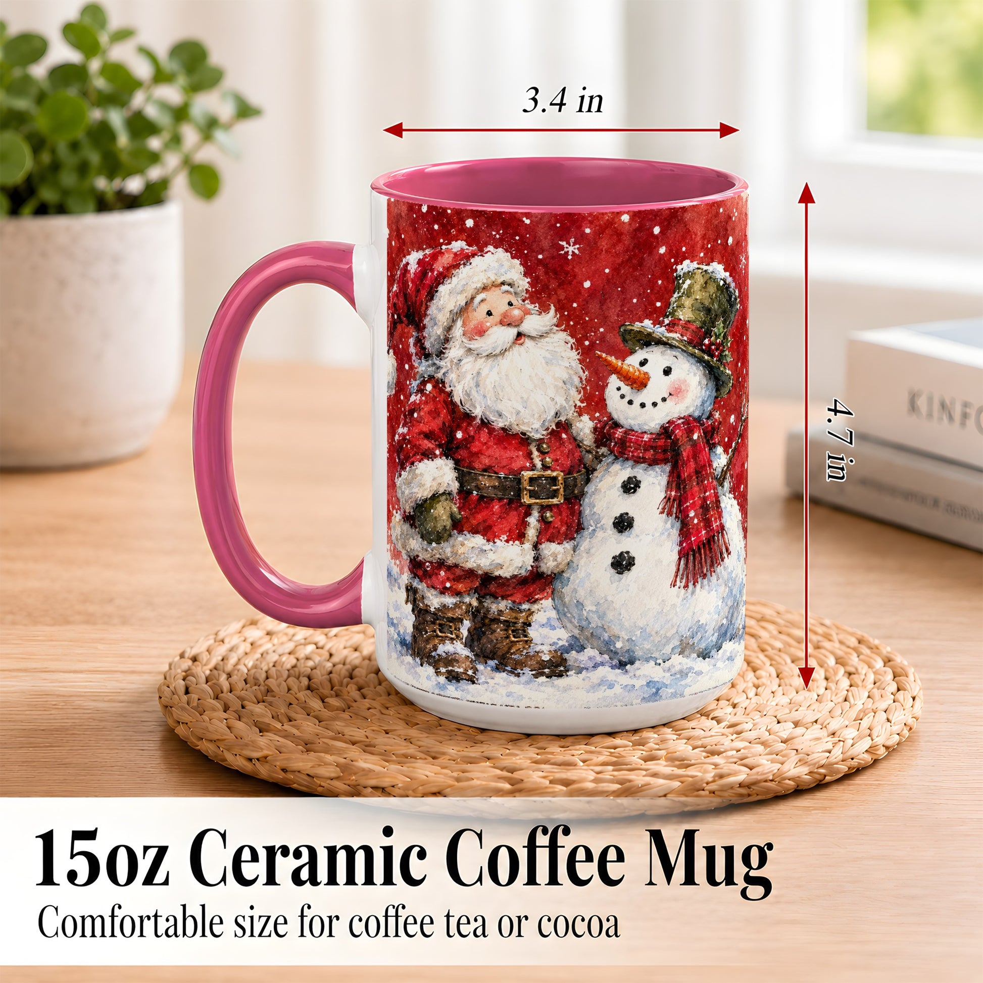 #pl[15oz|Pink] Santa Snowman Coffee Mug, Classic Christmas Duo Mug, Ceramic Cup