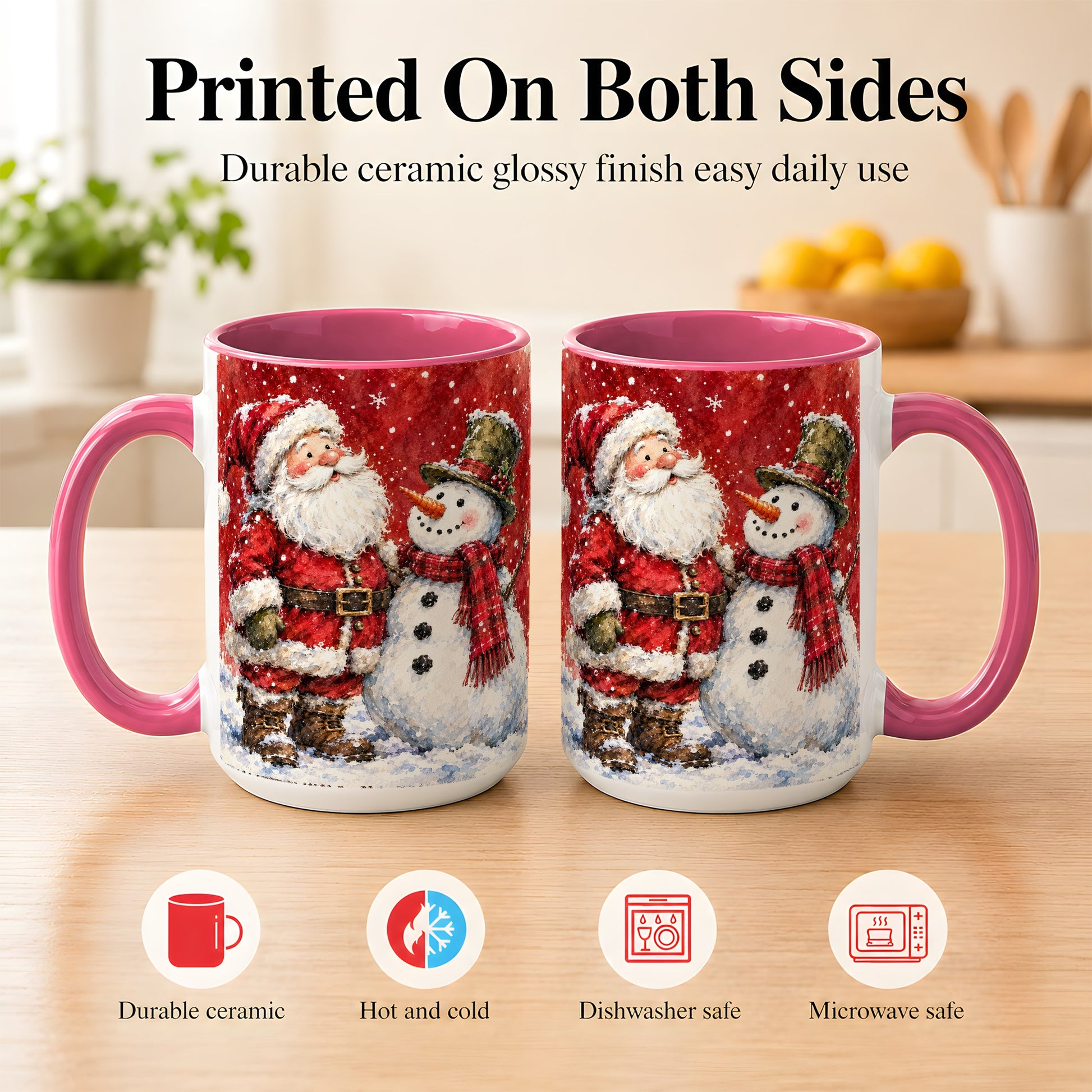 #pl[15oz|Pink] Santa Snowman Coffee Mug, Classic Christmas Duo Mug, Ceramic Cup