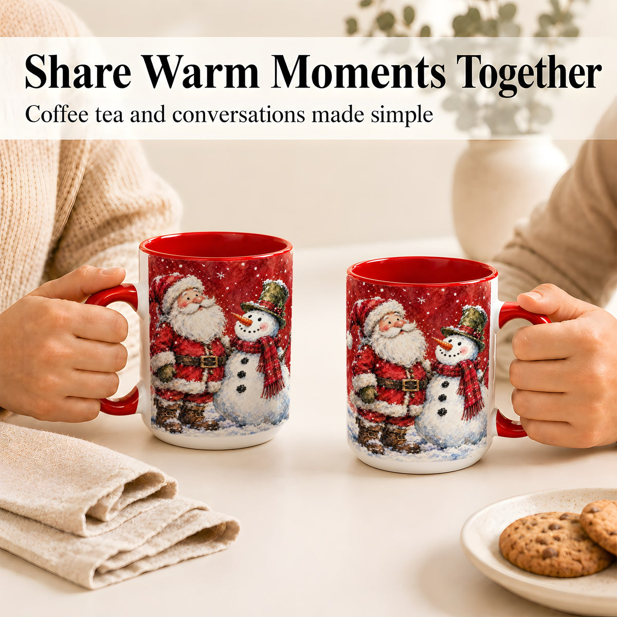 #pl[15oz|Red] Santa Snowman Coffee Mug, Classic Christmas Duo Mug, Ceramic Cup