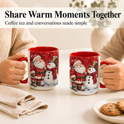 #pl[15oz|Red] Santa Snowman Coffee Mug, Classic Christmas Duo Mug, Ceramic Cup