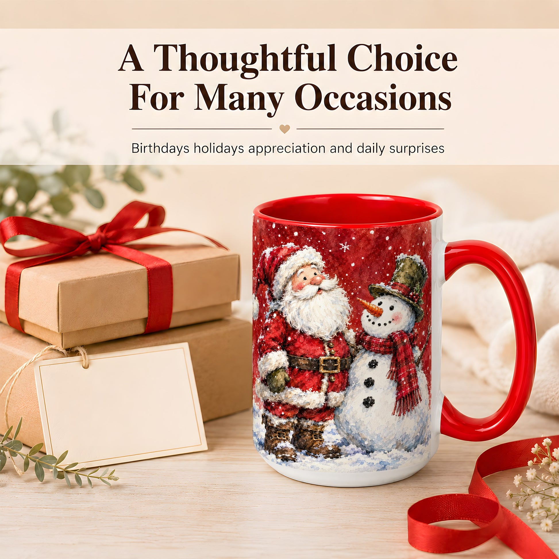#pl[15oz|Red] Santa Snowman Coffee Mug, Classic Christmas Duo Mug, Ceramic Cup