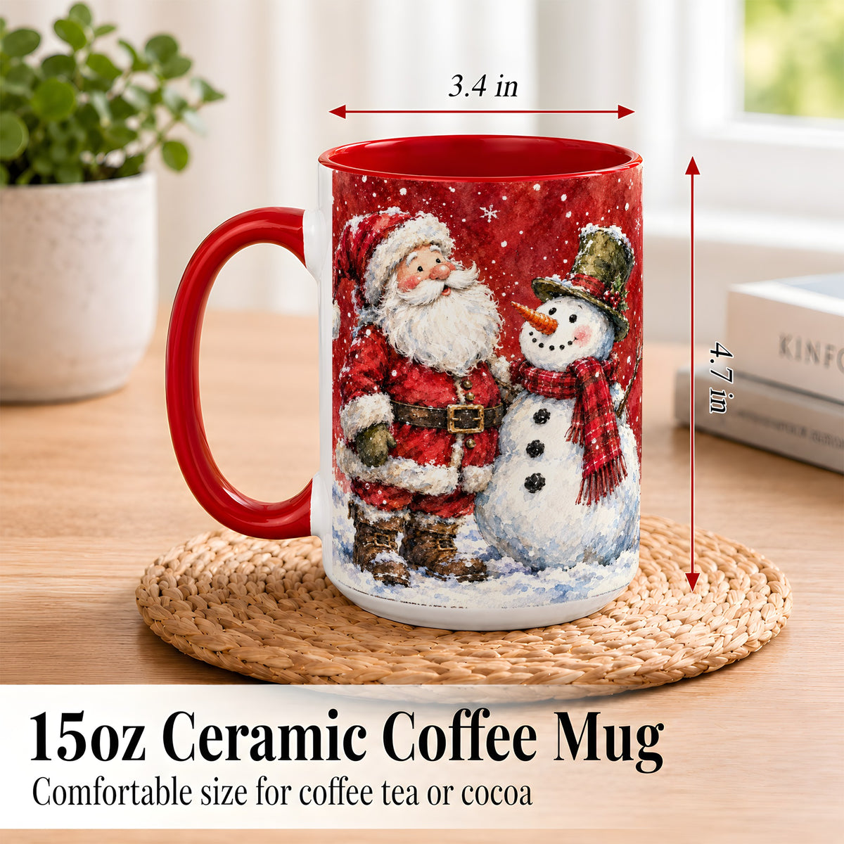 #pl[15oz|Red] Santa Snowman Coffee Mug, Classic Christmas Duo Mug, Ceramic Cup