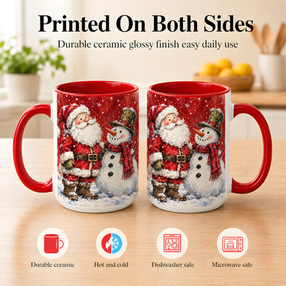 #pl[15oz|Red] Santa Snowman Coffee Mug, Classic Christmas Duo Mug, Ceramic Cup