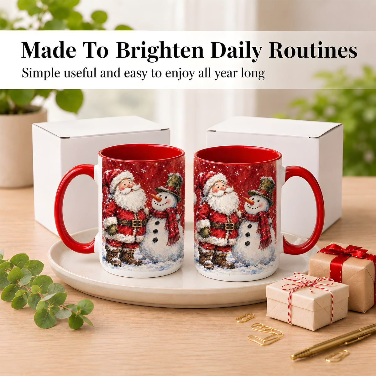 #pl[15oz|Red] Santa Snowman Coffee Mug, Classic Christmas Duo Mug, Ceramic Cup
