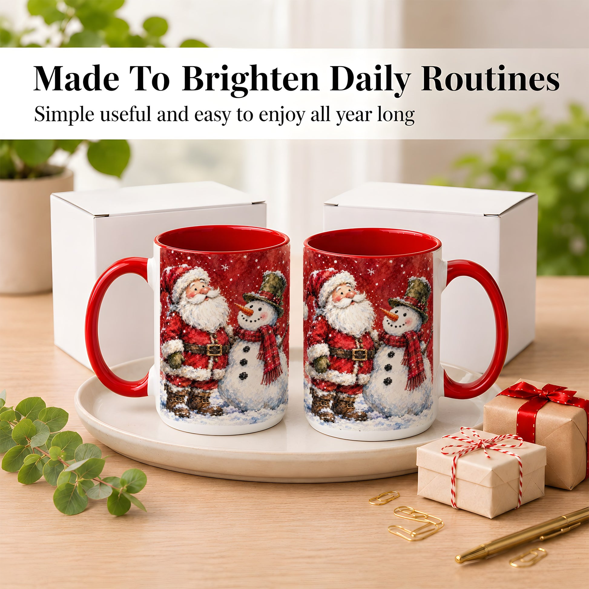 #pl[15oz|Red] Santa Snowman Coffee Mug, Classic Christmas Duo Mug, Ceramic Cup