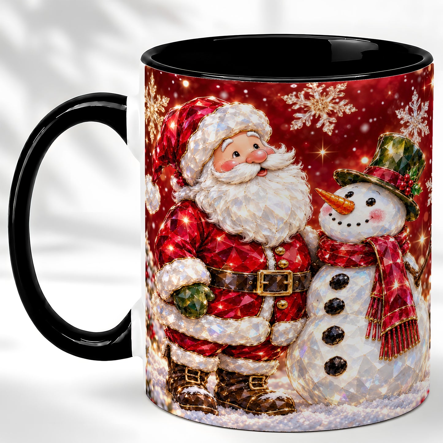 #pl[11oz|Black] Faceted Santa Snowman Coffee Mug, Christmas Duo Mug, Ceramic Cup