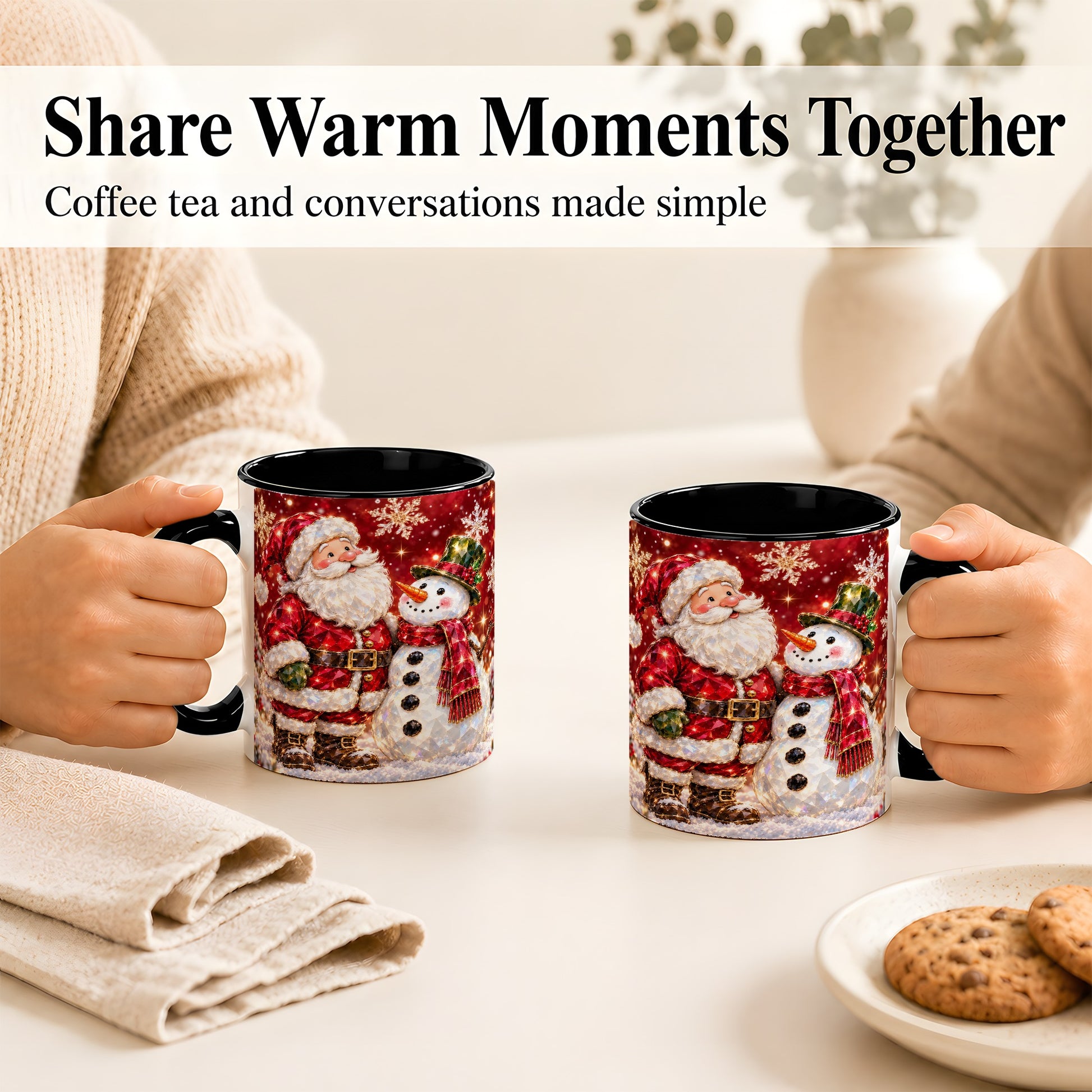 #pl[11oz|Black] Faceted Santa Snowman Coffee Mug, Christmas Duo Mug, Ceramic Cup