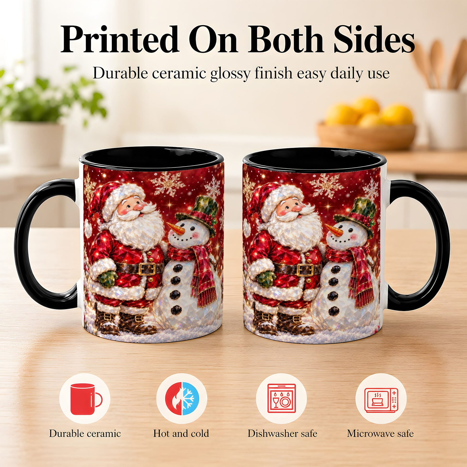 #pl[11oz|Black] Faceted Santa Snowman Coffee Mug, Christmas Duo Mug, Ceramic Cup
