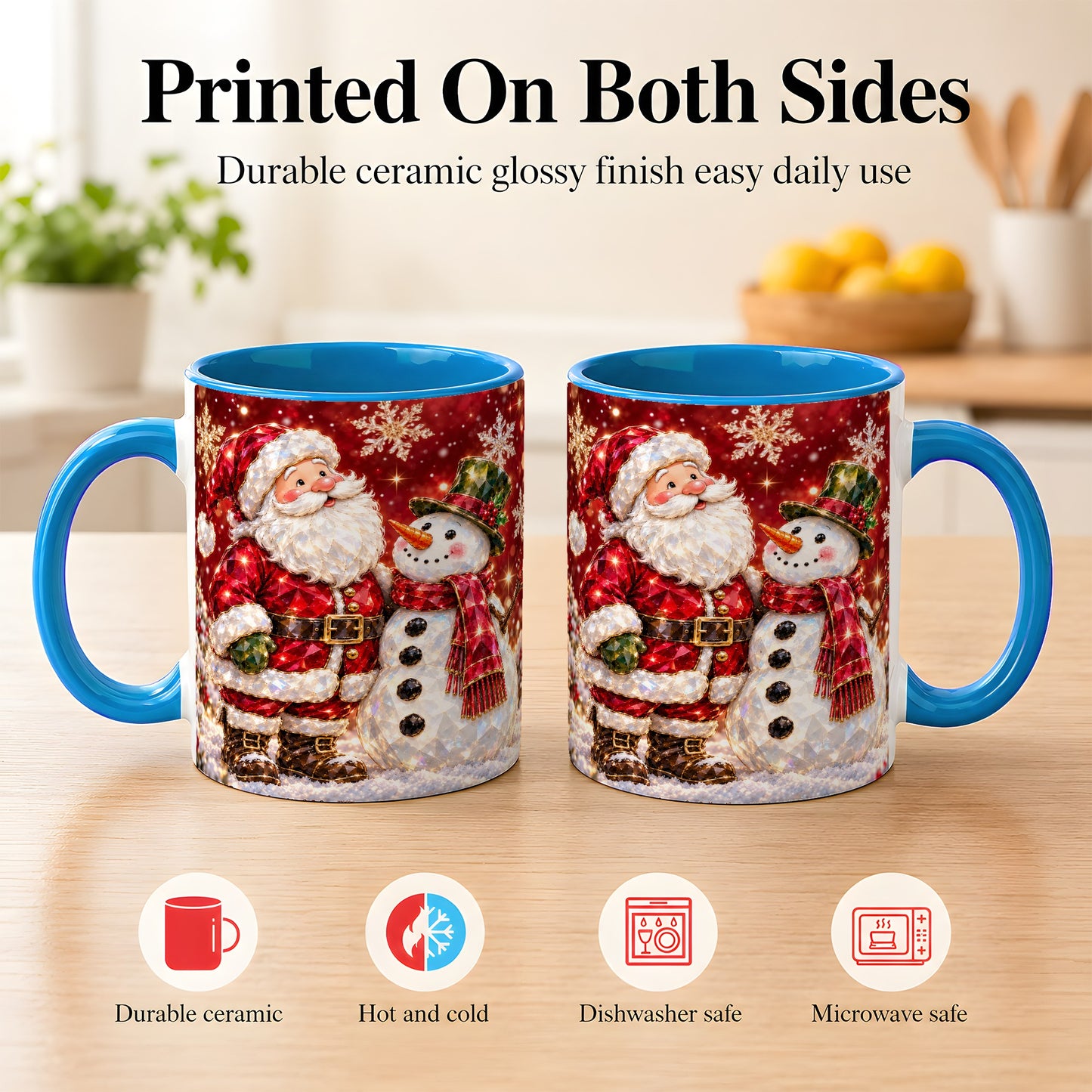 #pl[11oz|Blue] Faceted Santa Snowman Coffee Mug, Christmas Duo Mug, Ceramic Cup