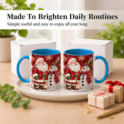 #pl[11oz|Blue] Faceted Santa Snowman Coffee Mug, Christmas Duo Mug, Ceramic Cup