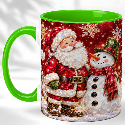 #pl[11oz|Green] Faceted Santa Snowman Coffee Mug, Christmas Duo Mug, Ceramic Cup