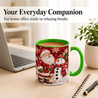 #pl[11oz|Green] Faceted Santa Snowman Coffee Mug, Christmas Duo Mug, Ceramic Cup