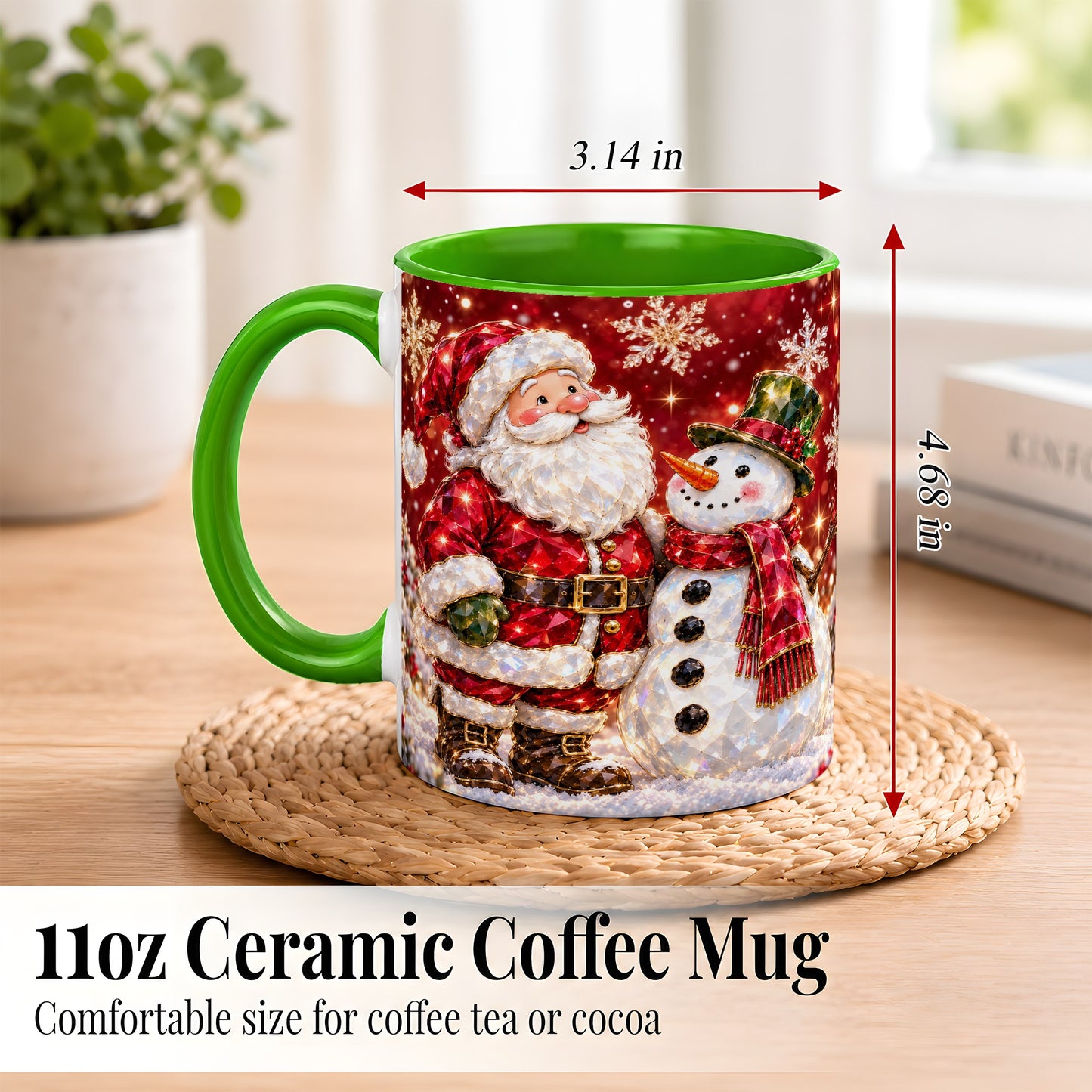 #pl[11oz|Green] Faceted Santa Snowman Coffee Mug, Christmas Duo Mug, Ceramic Cup