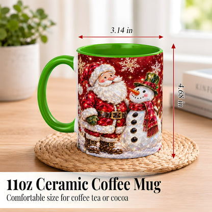 #pl[11oz|Green] Faceted Santa Snowman Coffee Mug, Christmas Duo Mug, Ceramic Cup