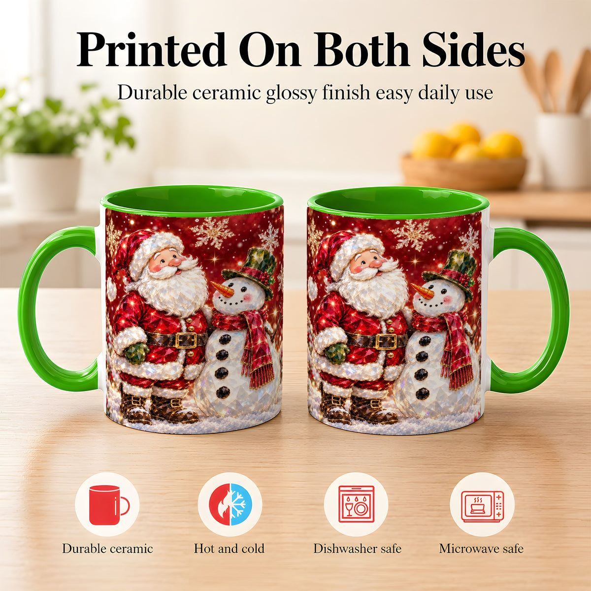 #pl[11oz|Green] Faceted Santa Snowman Coffee Mug, Christmas Duo Mug, Ceramic Cup