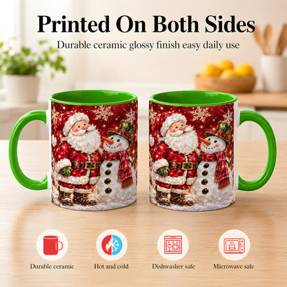 #pl[11oz|Green] Faceted Santa Snowman Coffee Mug, Christmas Duo Mug, Ceramic Cup