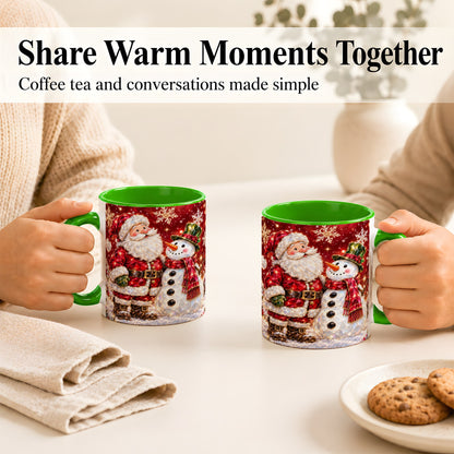 #pl[11oz|Green] Faceted Santa Snowman Coffee Mug, Christmas Duo Mug, Ceramic Cup