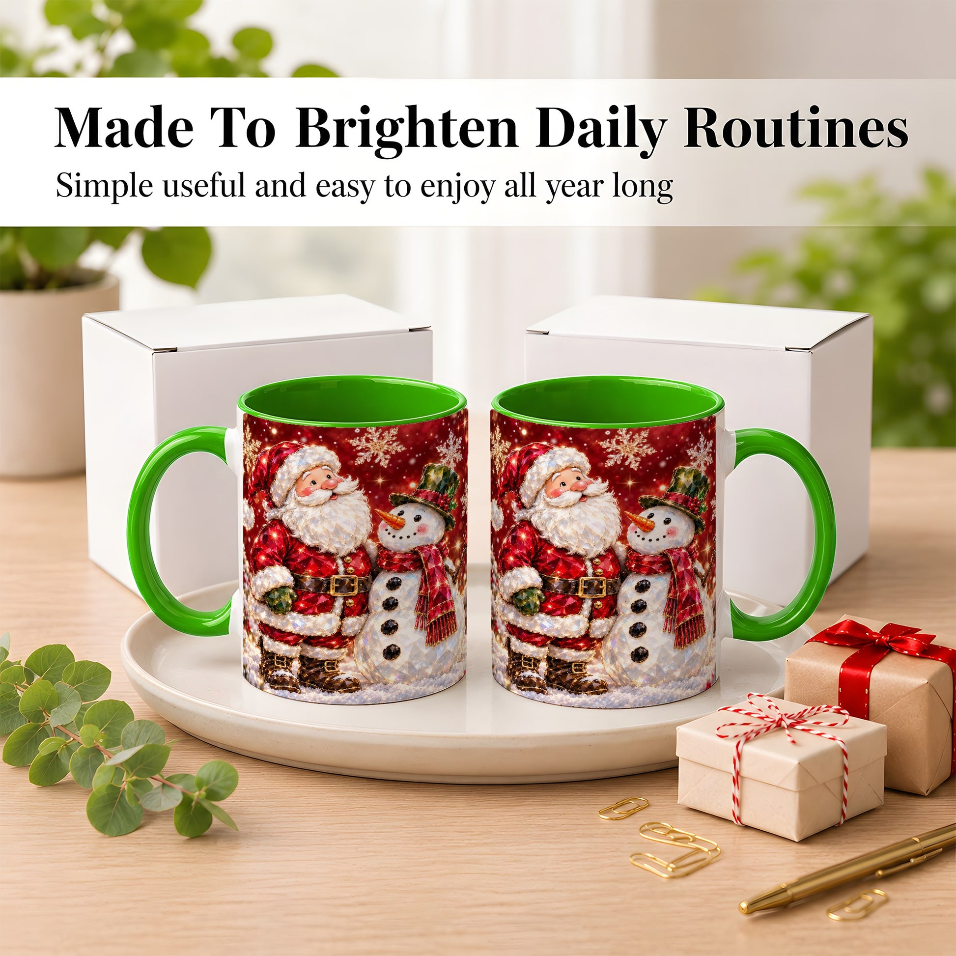 #pl[11oz|Green] Faceted Santa Snowman Coffee Mug, Christmas Duo Mug, Ceramic Cup