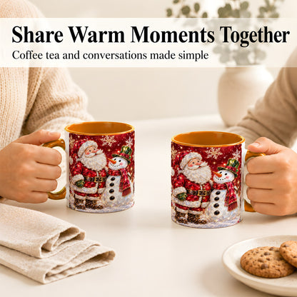#pl[11oz|Orange] Faceted Santa Snowman Coffee Mug, Christmas Duo Mug, Ceramic Cup