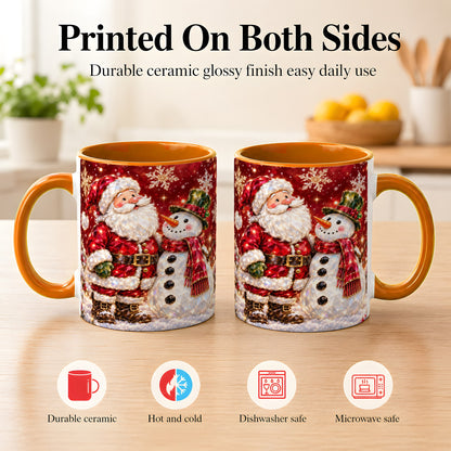 #pl[11oz|Orange] Faceted Santa Snowman Coffee Mug, Christmas Duo Mug, Ceramic Cup
