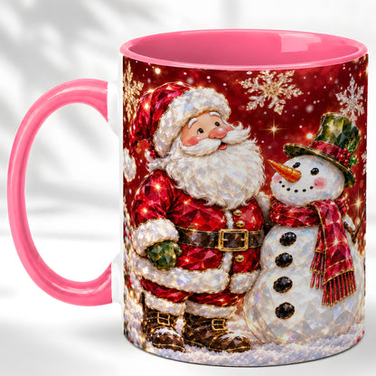 #pl[11oz|Pink] Faceted Santa Snowman Coffee Mug, Christmas Duo Mug, Ceramic Cup