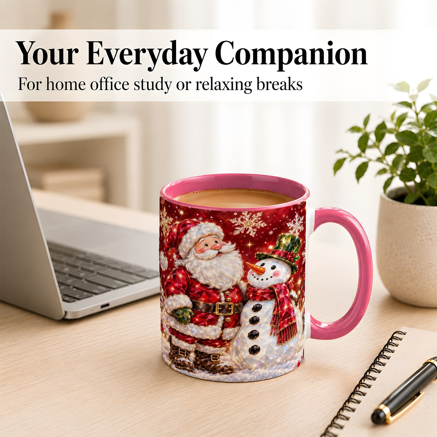 #pl[11oz|Pink] Faceted Santa Snowman Coffee Mug, Christmas Duo Mug, Ceramic Cup