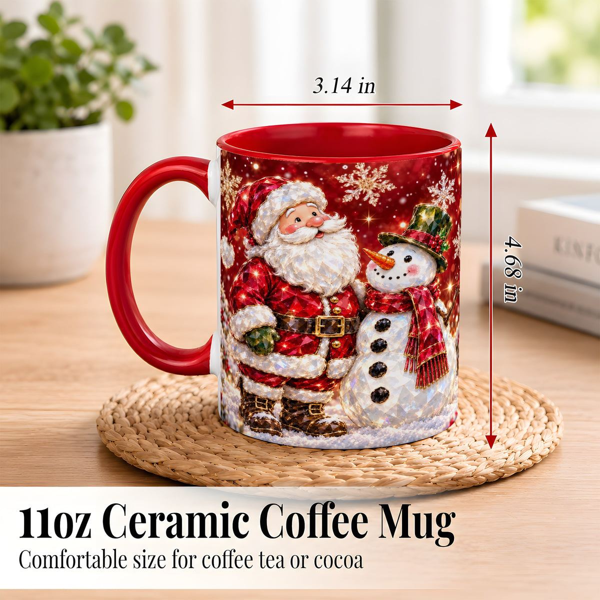 #pl[11oz|Red] Faceted Santa Snowman Coffee Mug, Christmas Duo Mug, Ceramic Cup