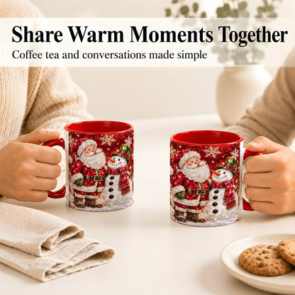 #pl[11oz|Red] Faceted Santa Snowman Coffee Mug, Christmas Duo Mug, Ceramic Cup