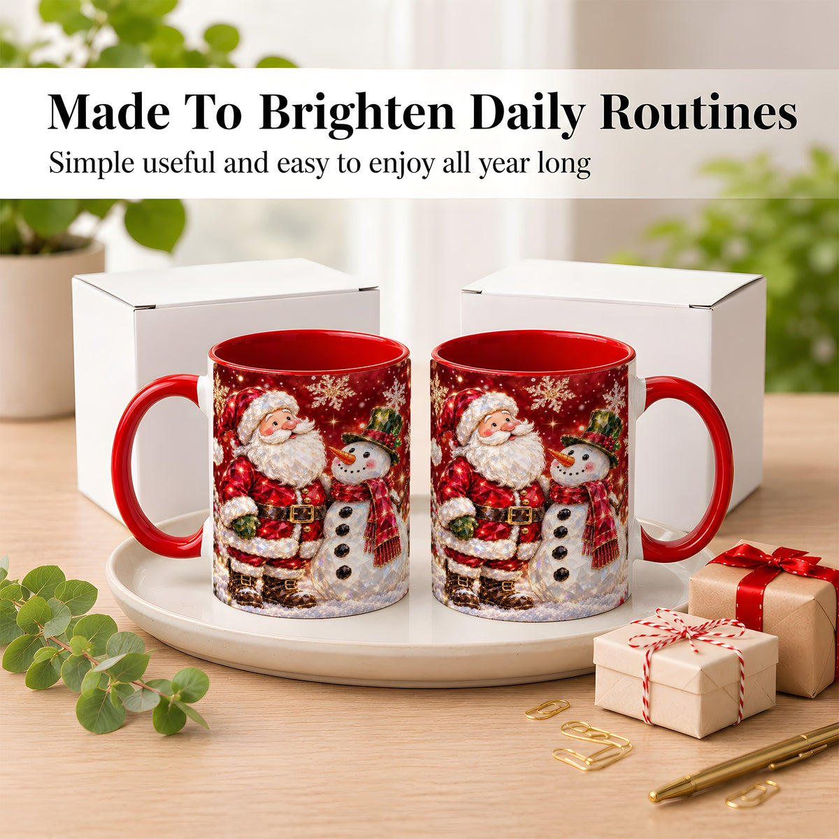 #pl[11oz|Red] Faceted Santa Snowman Coffee Mug, Christmas Duo Mug, Ceramic Cup