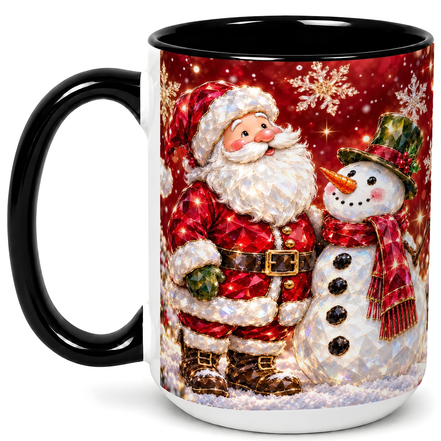 #pl[15oz|Black] Faceted Santa Snowman Coffee Mug, Christmas Duo Mug, Ceramic Cup