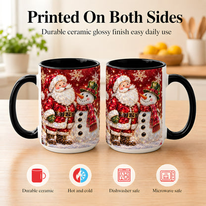 #pl[15oz|Black] Faceted Santa Snowman Coffee Mug, Christmas Duo Mug, Ceramic Cup