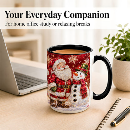 #pl[15oz|Black] Faceted Santa Snowman Coffee Mug, Christmas Duo Mug, Ceramic Cup