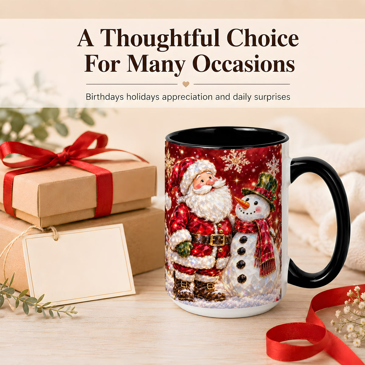 #pl[15oz|Black] Faceted Santa Snowman Coffee Mug, Christmas Duo Mug, Ceramic Cup