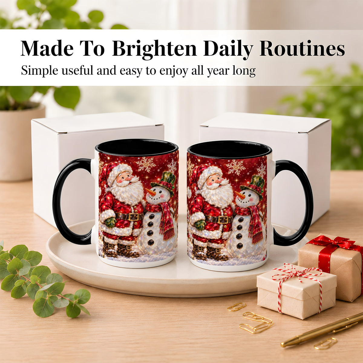 #pl[15oz|Black] Faceted Santa Snowman Coffee Mug, Christmas Duo Mug, Ceramic Cup