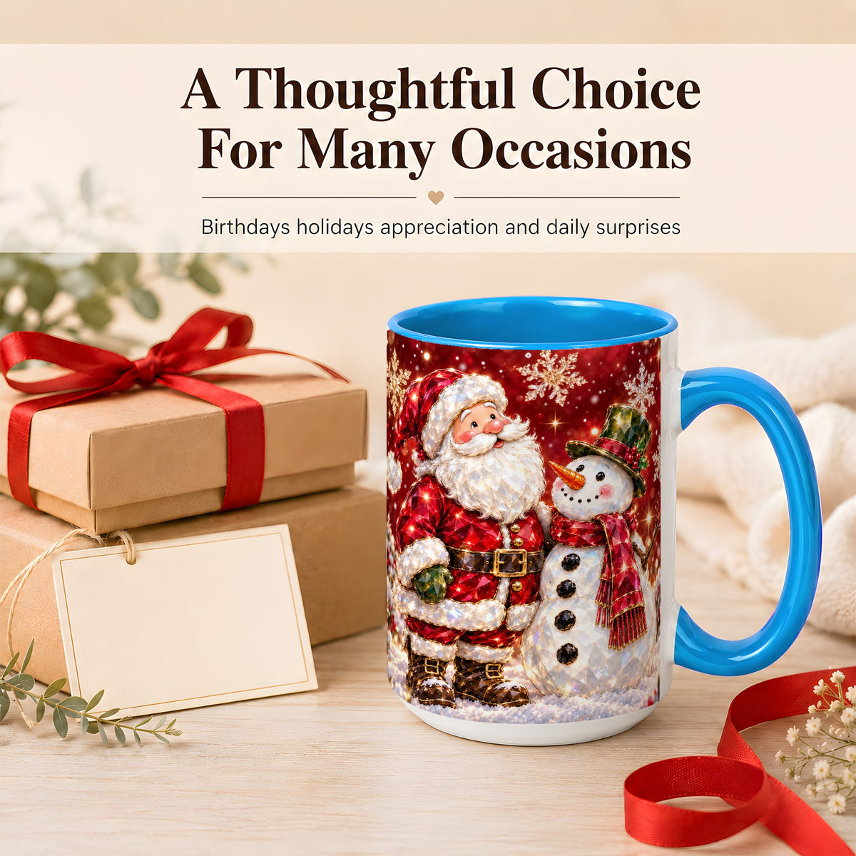 #pl[15oz|Blue] Faceted Santa Snowman Coffee Mug, Christmas Duo Mug, Ceramic Cup