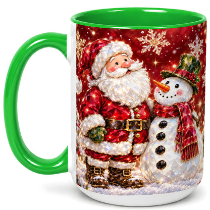 #pl[15oz|Green] Faceted Santa Snowman Coffee Mug, Christmas Duo Mug, Ceramic Cup
