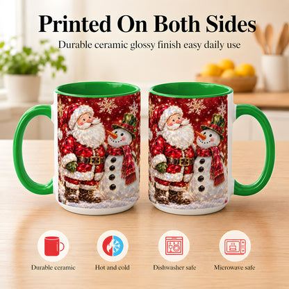 #pl[15oz|Green] Faceted Santa Snowman Coffee Mug, Christmas Duo Mug, Ceramic Cup