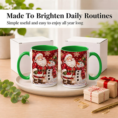 #pl[15oz|Green] Faceted Santa Snowman Coffee Mug, Christmas Duo Mug, Ceramic Cup